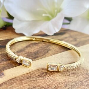 NEW 18K Gold Filled Pave CZ Baguette and Hearts Open Bangle